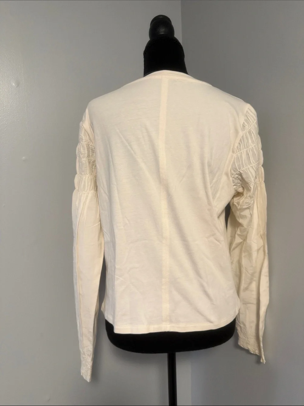 Madewell Cream Smocked Puff-Sleeve Long-Sleeve Top